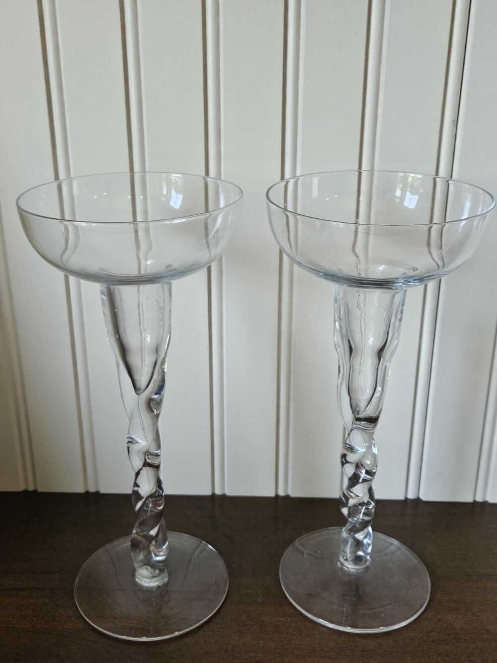 2 Vintage Glass Candlestick Spiral Twist Rope Long Stem Candle Holder Handblown